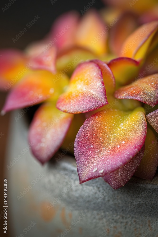 Captivating succulent plant close up showcasing vibrant colors and intricate details in a pot with soft lighting creating a serene and natural botanical scene