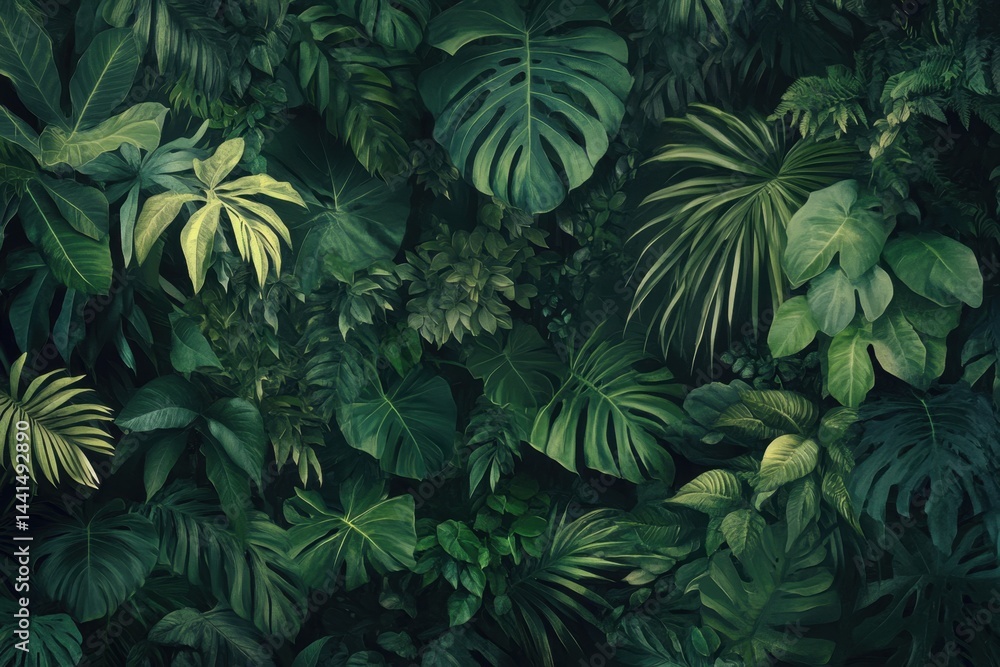 Lush Tropical Foliage Canopy Featuring Monstera and Palm Leaves in a Dense Green Jungle Backdrop for Natural Beauty and Serene Ambiance