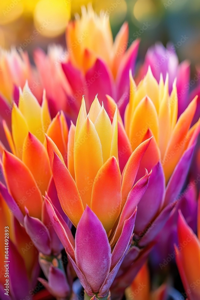 Vivid bromeliad blossom close up showcasing vibrant hues and intricate petal arrangement in a botanical garden setting emphasizing natural beauty