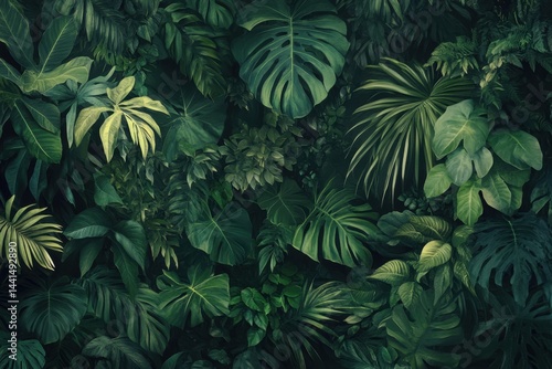 Obraz na płótnie Lush Tropical Foliage Canopy Featuring Monstera and Palm Leaves in a Dense Green Jungle Backdrop for Natural Beauty and Serene Ambiance w salonie