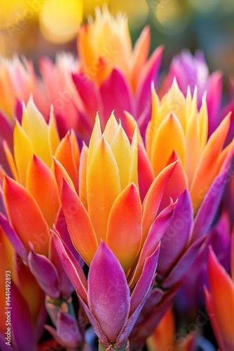 Obraz na płótnie Vivid bromeliad blossom close up showcasing vibrant hues and intricate petal arrangement in a botanical garden setting emphasizing natural beauty w salonie