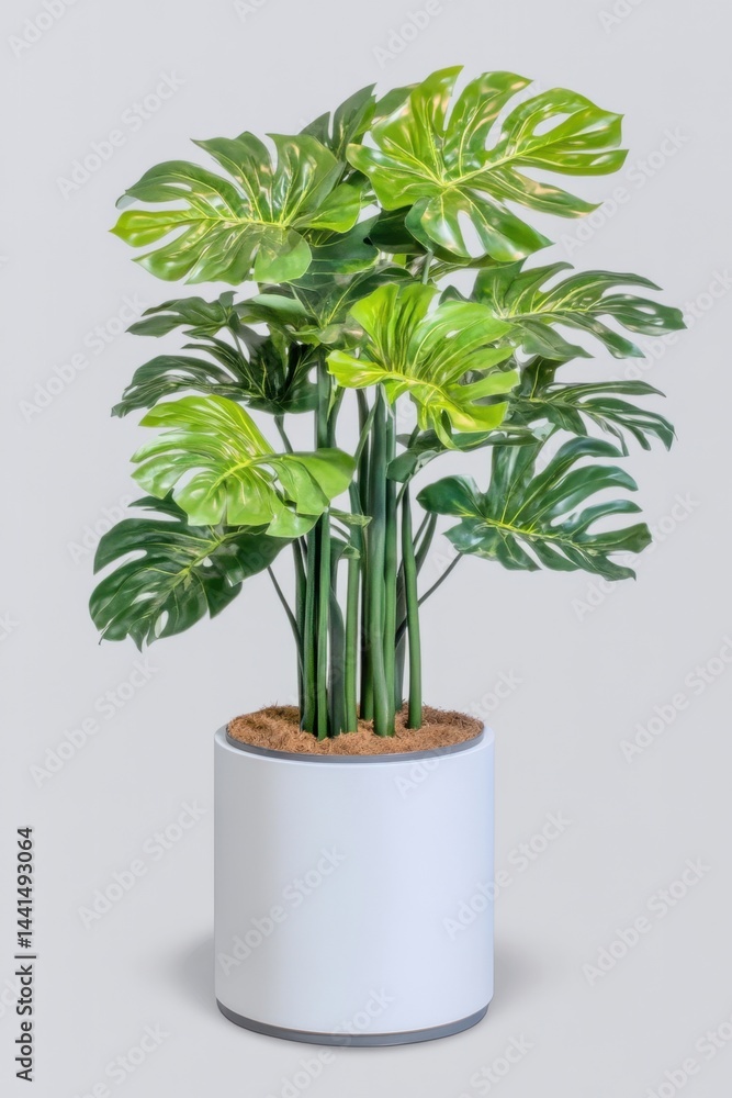 Lush monstera deliciosa plant in white pot against a light background enhancing indoor ambiance showcasing botanical beauty and modern decor with a serene and calming mood