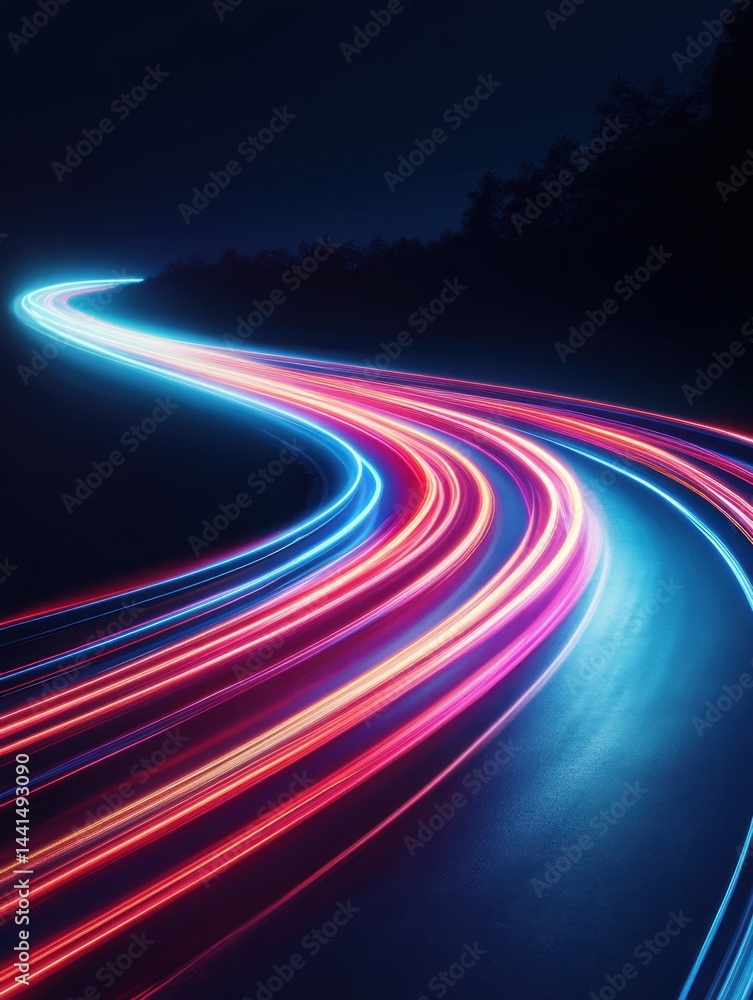 Captivating long exposure of vibrant light trails on a winding road at night creating a dynamic and futuristic atmosphere with a dark blackground and low angle