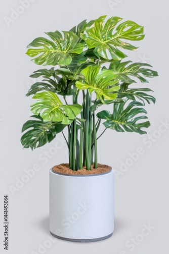 Obraz na płótnie Lush monstera deliciosa plant in white pot against a light background enhancing indoor ambiance showcasing botanical beauty and modern decor with a serene and calming mood w salonie