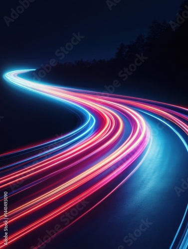 Obraz na płótnie Captivating long exposure of vibrant light trails on a winding road at night creating a dynamic and futuristic atmosphere with a dark blackground and low angle w salonie
