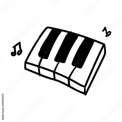 Whimsical piano keyboard with floating musical notes. Doodle Icon Illustration