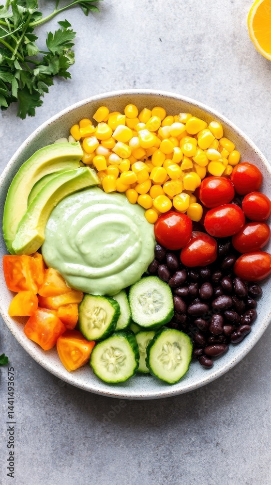 Vibrant and Healthy Southwestern Bowl with Avocado Crema Corn Black Beans Tomatoes and Cucumber on a Textured Gray Background a Delightful Vegetarian Meal from Above