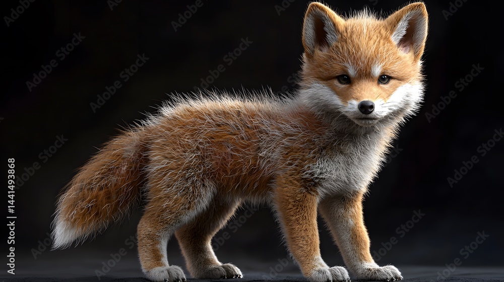 Obraz premium Realistic baby fox figurine with detailed fur and lifelike features placed on a dark background, showcasing craftsmanship and miniature animal sculpture art