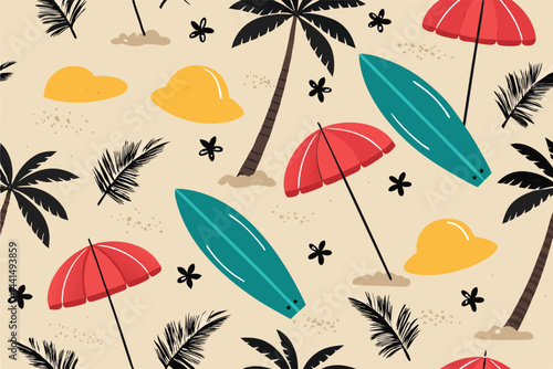 Create a vibrant, seamless vector pattern featuring beach icons, predominantly umbrellas, sun loungers, and seashells, suitable for textile design or website backgrounds.
