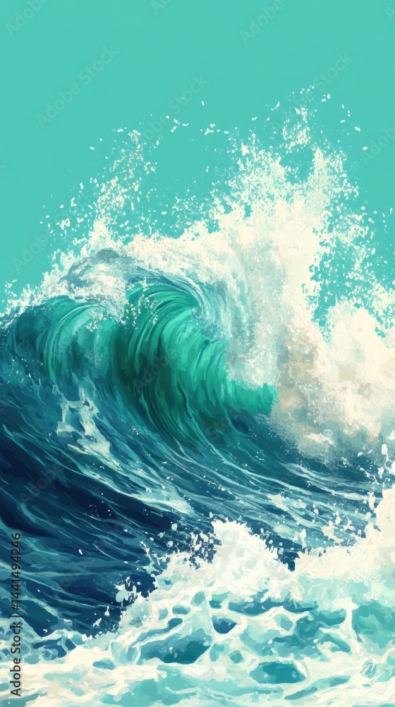 Dynamic ocean wave illustration showcasing powerful sea energy with teal and white hues capturing the essence of coastal nature in a vibrant artistic style