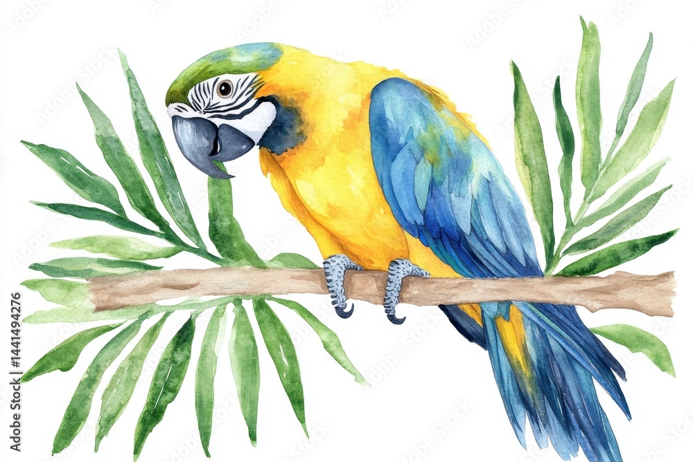 Watercolor macaw parrot illustration perched on a branch with vibrant plumage and foliage a tropical avian artwork in a painterly style with a clean background