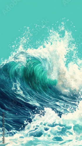 Obraz na płótnie Dynamic ocean wave illustration showcasing powerful sea energy with teal and white hues capturing the essence of coastal nature in a vibrant artistic style w salonie