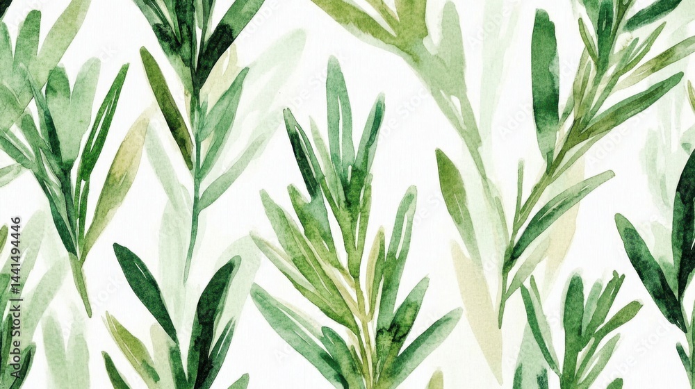 Watercolor rosemary pattern on white background elegant botanical illustration seamless design for textile wallpaper and backdrop fresh green herbs and leaves artistic style