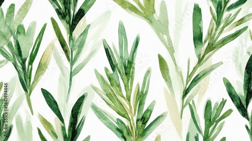 Obraz na płótnie Watercolor rosemary pattern on white background elegant botanical illustration seamless design for textile wallpaper and backdrop fresh green herbs and leaves artistic style w salonie