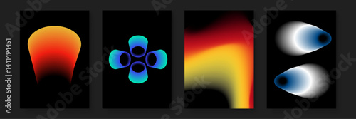 Four abstract shapes on black background. Suitable for graphic design projects, web backgrounds, and advertising materials needing modern artwork elements.