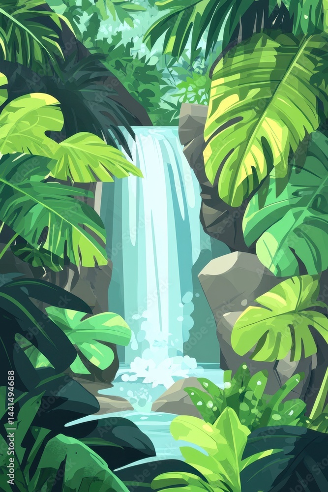 Lush jungle waterfall scene with vibrant green foliage and smooth flowing water in a tropical paradise creating a serene and peaceful atmosphere in nature