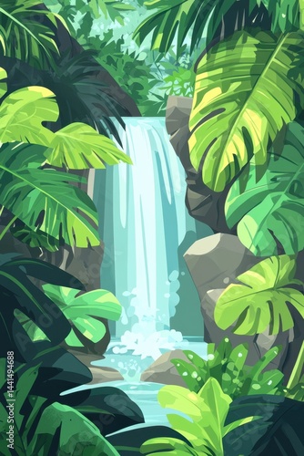 Obraz na płótnie Lush jungle waterfall scene with vibrant green foliage and smooth flowing water in a tropical paradise creating a serene and peaceful atmosphere in nature w salonie