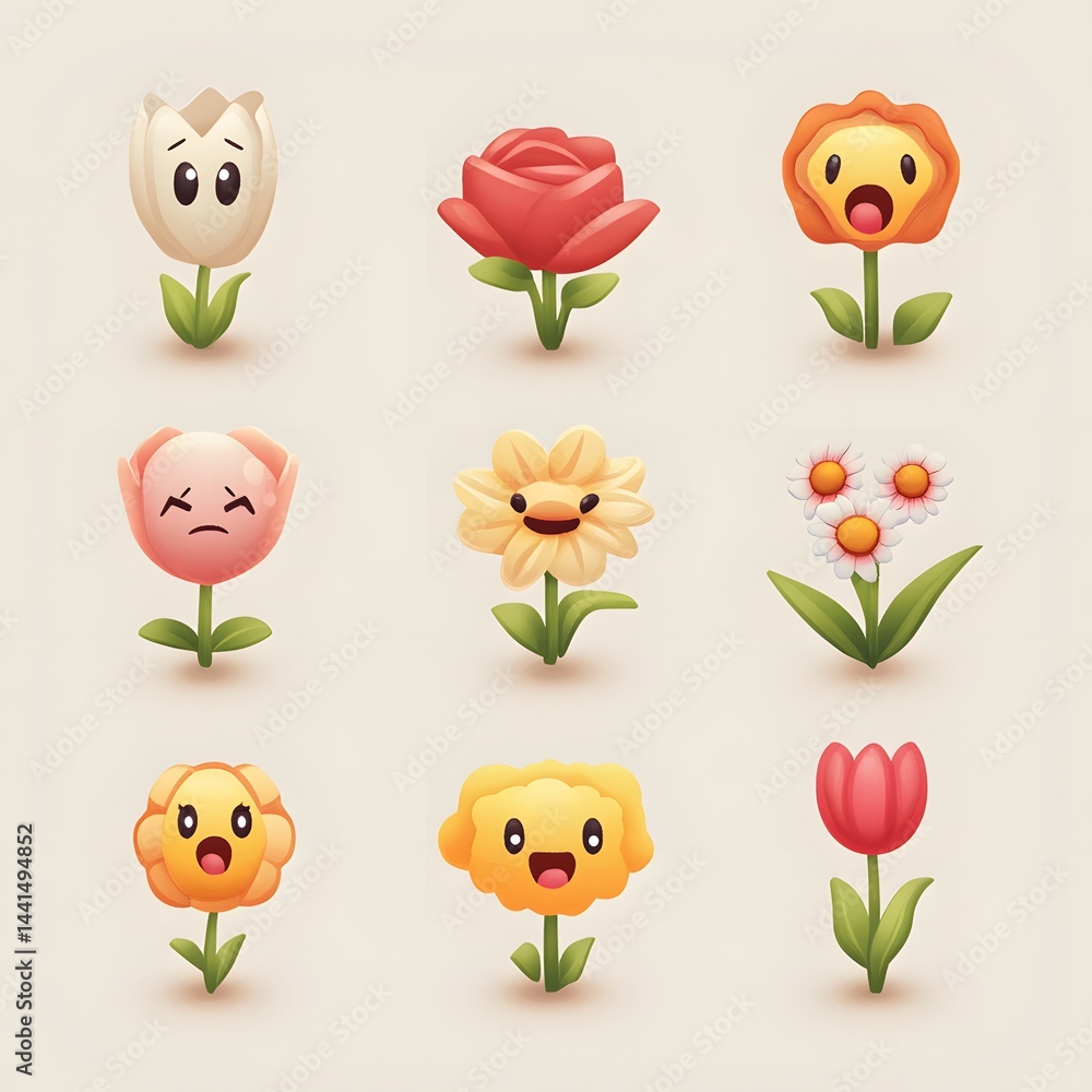 Fototapeta premium Adorable Floral Expressions: A collection of charming floral illustrations displaying a variety of emotive faces and styles, designed to convey a range of emotions
