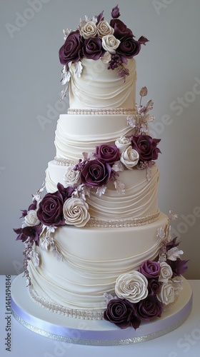 Elegant tiered wedding cake adorned with cascading sugar roses and delicate draping for a romantic celebration a masterpiece of confectionery art and design