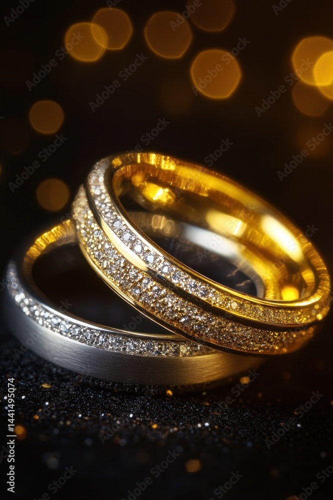 Close up of two elegant wedding rings gold and silver with sparkling diamonds on a dark background with bokeh lights creating a romantic and luxurious atmosphere