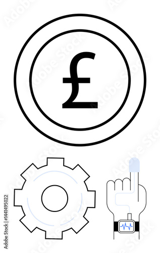 Pound sterling coin, gear symbolizing automation, and hand with biometric sensor and smartwatch. Ideal for finance, technology, innovation, digital health, automation, fintech and a simple landing