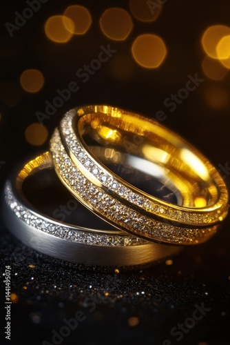 Obraz na płótnie Close up of two elegant wedding rings gold and silver with sparkling diamonds on a dark background with bokeh lights creating a romantic and luxurious atmosphere w salonie