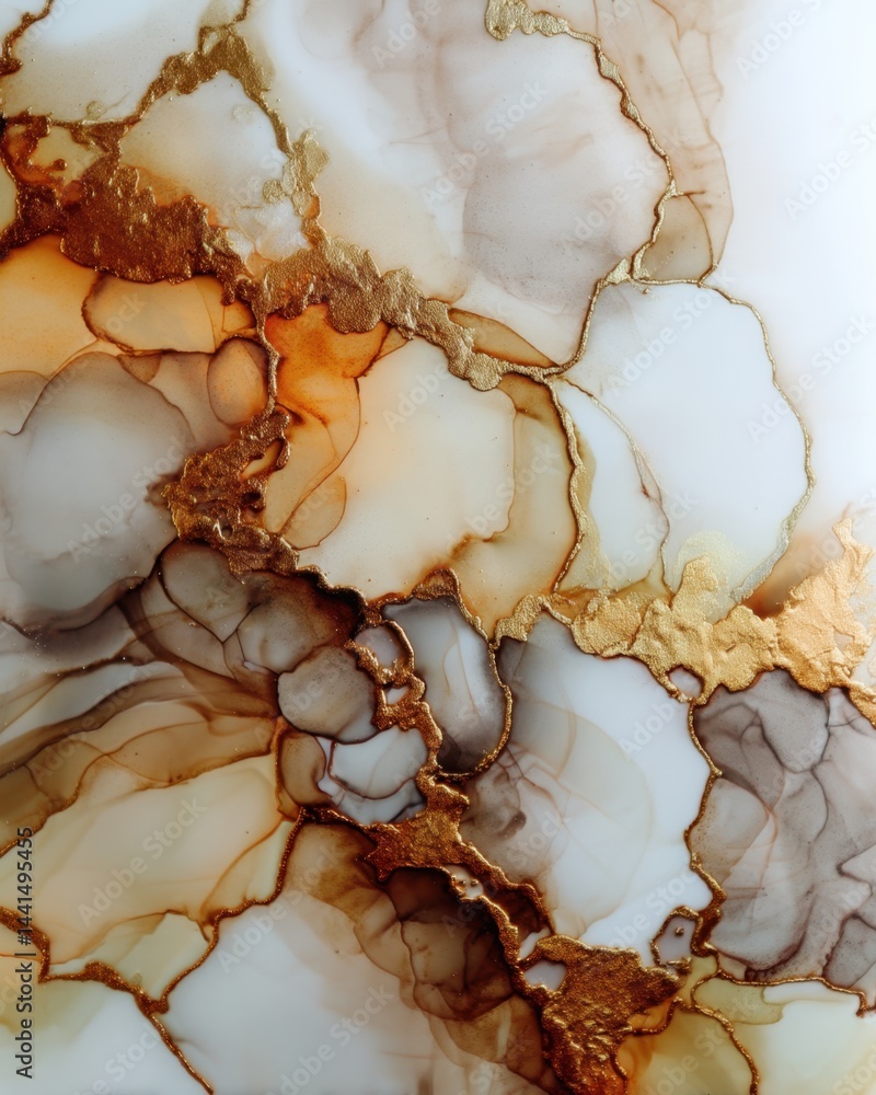 Ethereal fluid art with golden accents on a white backdrop creating a luxurious and captivating visual texture perfect for elegant design projects and artistic backgrounds