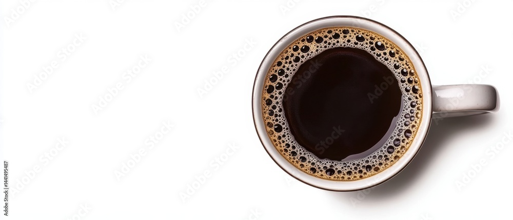 Overhead shot of aromatic dark coffee with rich foam in a ceramic mug on a clean white background simple and elegant perfect for a morning pick me up
