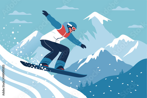 Create a vector art illustration of a snowboarder executing a dynamic jump, showcasing a powerful and athletic posture.  Focus on clean lines and vibrant colors.