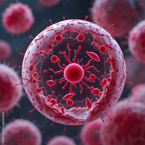 Bacteria Rickettsia (small red) inside human cell, 3D illustration. Gram-negative bacteria which cause epidemic typhus, murine typhus other rickettsioses and are transmitted by arthropods