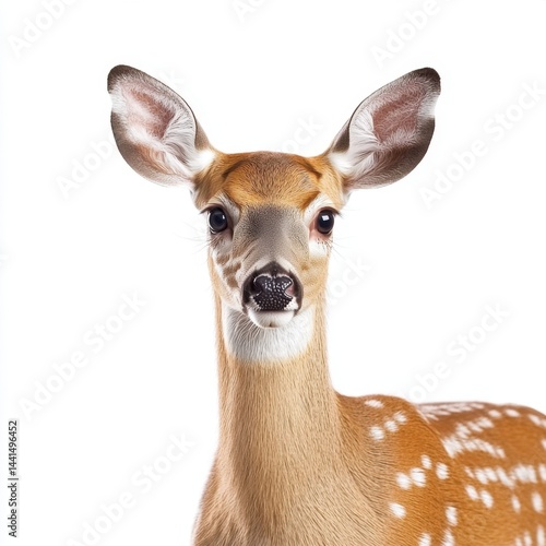 Captivating portrait of a young white tailed deer against a clean white background showcasing its delicate features and expressive eyes in a studio setting