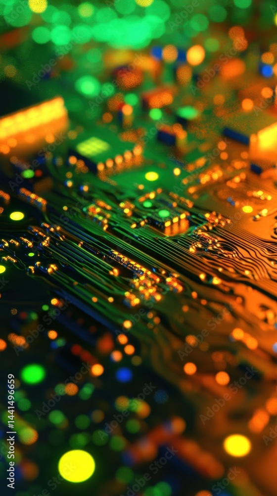 Intricate circuit board design with glowing lights showcasing modern technology and innovation in a vibrant green and orange color palette for digital solutions