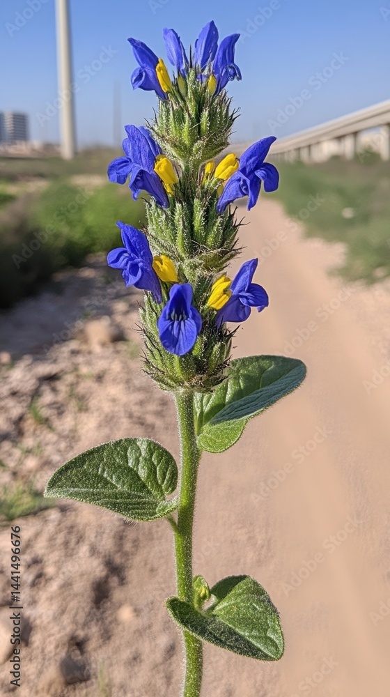 Captivating bloom of a vibrant wildflower with blue petals and yellow accents in a natural outdoor setting under the clear sky on a sunny day