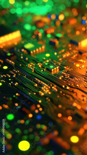 Obraz na płótnie Intricate circuit board design with glowing lights showcasing modern technology and innovation in a vibrant green and orange color palette for digital solutions w salonie