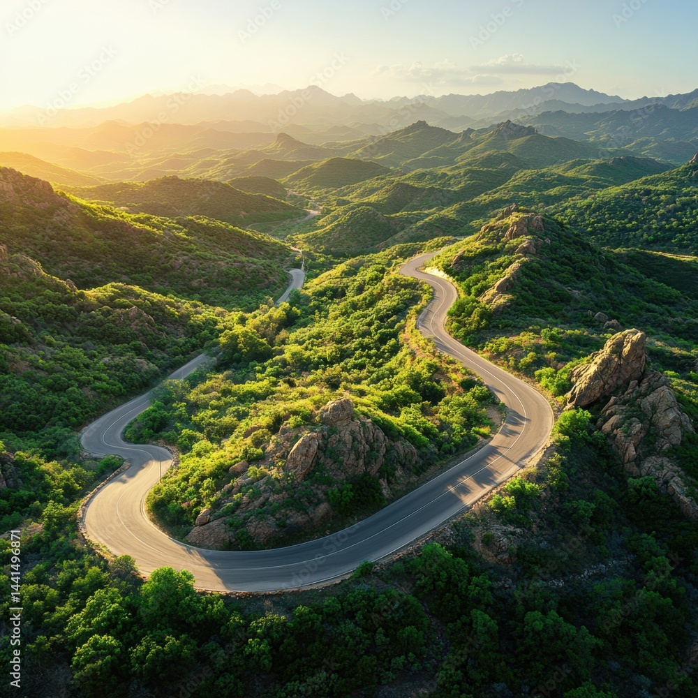 Serpentine road winding through lush green hills at golden hour capturing adventure scenic beauty and freedom aerial perspective landscape photography