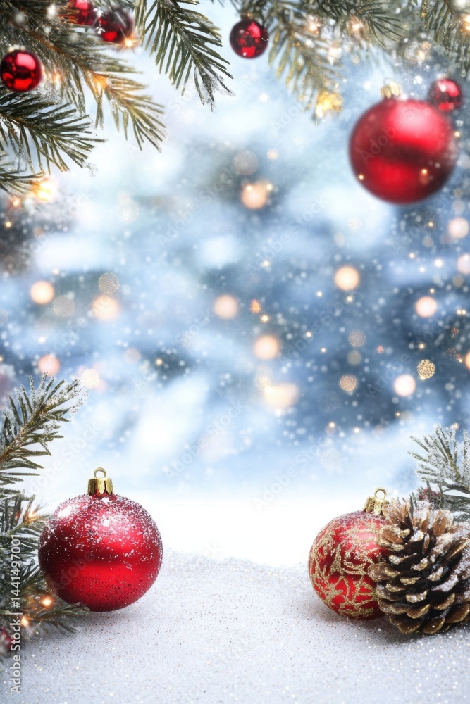 Festive christmas background with red ornaments and pine branches creating a magical winter wonderland scene perfect for holiday greetings and seasonal designs