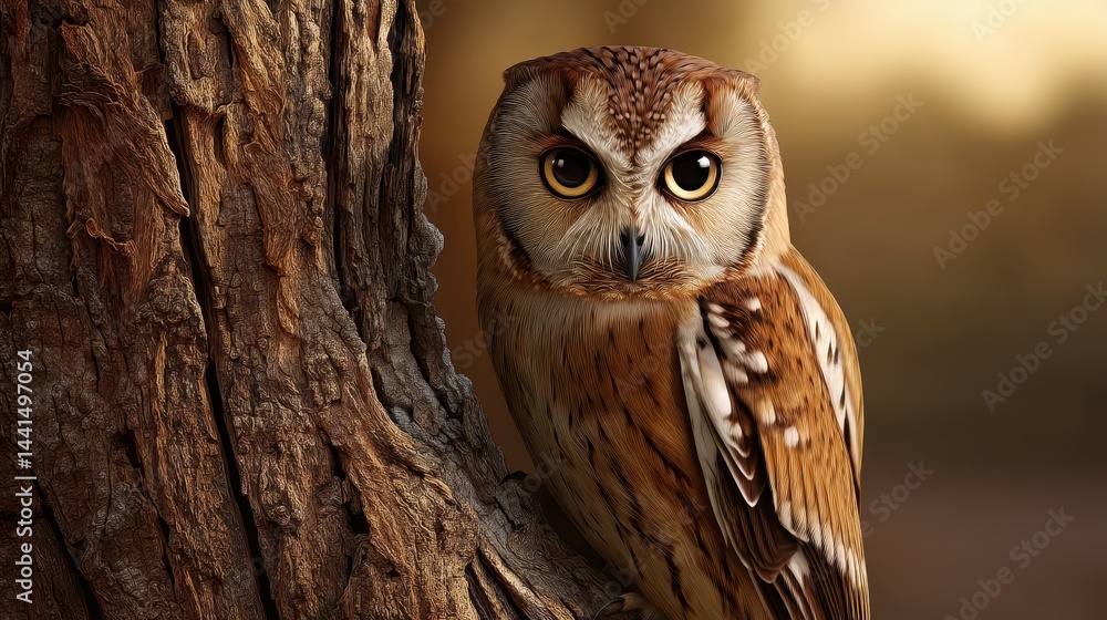 Softly lit owl with penetrating gaze, perched in rough tree bark, background melted into creamy golden blur Softly lit owl with penetrating gaze, perched in rough tree bark, background melted into creamy golden blur