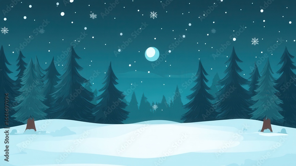 Serene winter landscape with snow covered ground and pine trees under the moonlight creating a peaceful and cold atmosphere for stock photography and creative projects