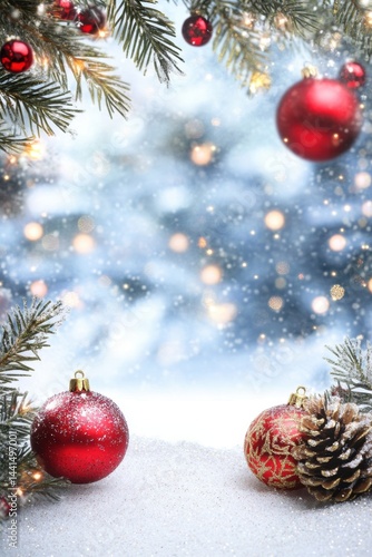 Obraz na płótnie Festive christmas background with red ornaments and pine branches creating a magical winter wonderland scene perfect for holiday greetings and seasonal designs w salonie