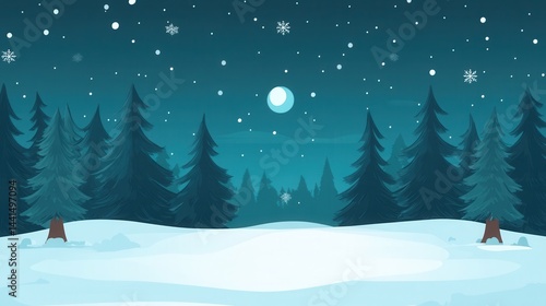Obraz na płótnie Serene winter landscape with snow covered ground and pine trees under the moonlight creating a peaceful and cold atmosphere for stock photography and creative projects w salonie
