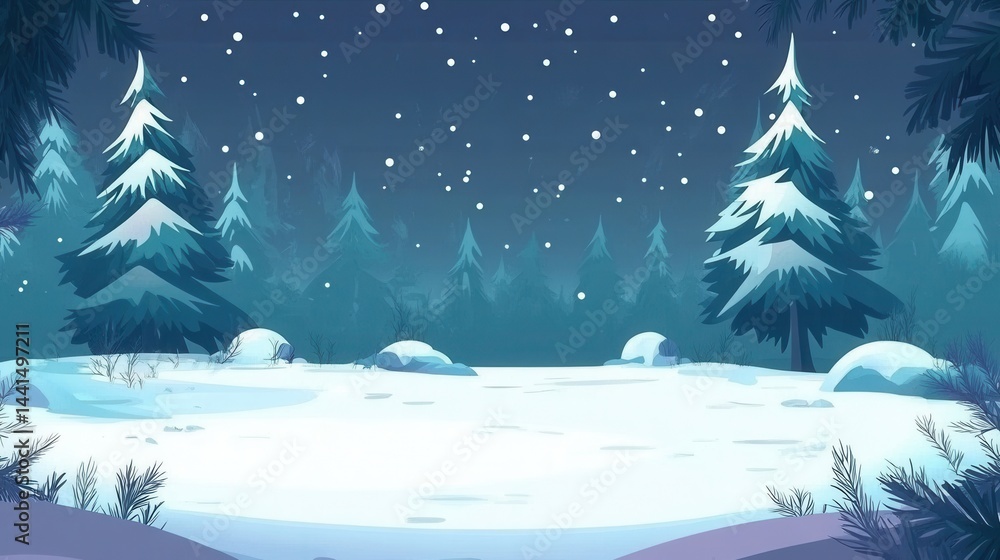 Snowy winter night landscape illustration with tall pine trees and falling snow creating a serene and peaceful scene in a cold winter forest with a blue background