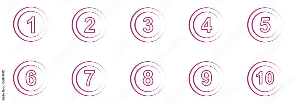 Simple round numbers icon set in line style. Set of 1-10 numbers simple circle style symbol sign for apps and website, vector illustration. Simple round numbers icon set in line style. Set of 1-10 numbers simple circle style symbol sign for apps and website, vector illustration.