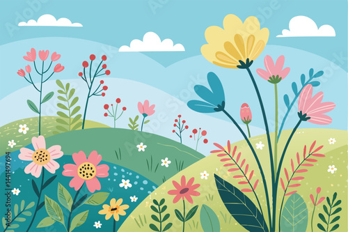 Vibrant spring landscape showcasing a profusion of colorful blooming flowers in a lush meadow, bathed in sunlight.