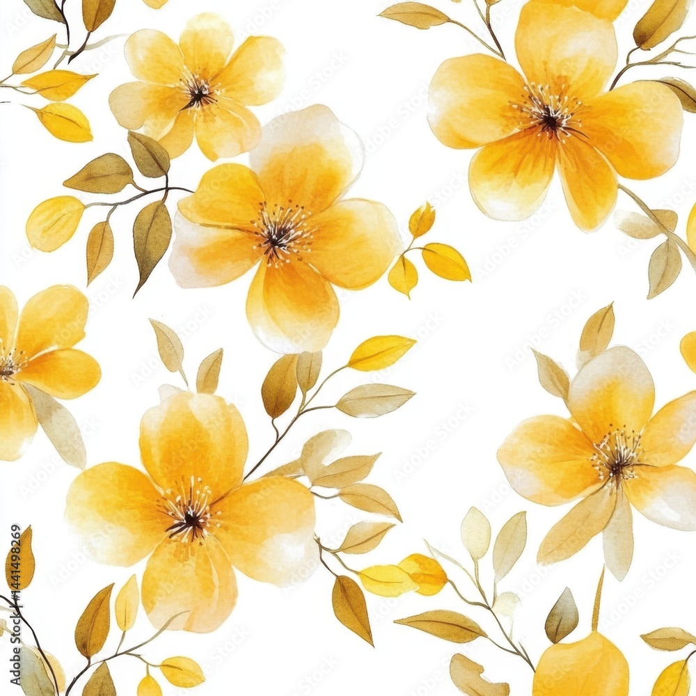 Watercolor floral pattern featuring yellow flowers and leaves on a white background creating a bright and fresh spring summer vibe perfect for textile design