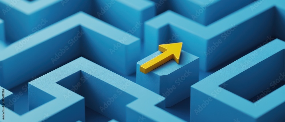 Navigating the Labyrinth A Golden Arrow Points the Way Forward in a Blue Maze of Challenges and Opportunities Guiding Success with Strategic Direction and Problem Solving