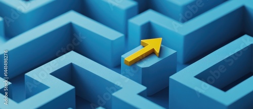 Navigating the Labyrinth A Golden Arrow Points the Way Forward in a Blue Maze of Challenges and Opportunities Guiding Success with Strategic Direction and Problem Solving
