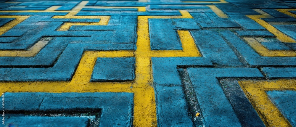 Geometric blue and yellow pavement pattern creating a maze like design on a textured surface urban landscape perspective shot for conceptual backgrounds
