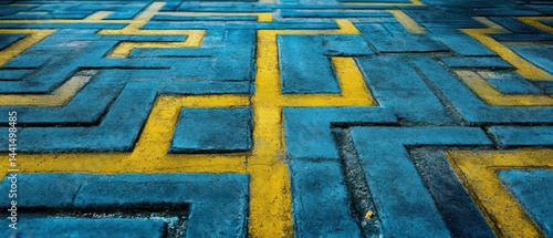 Obraz na płótnie Geometric blue and yellow pavement pattern creating a maze like design on a textured surface urban landscape perspective shot for conceptual backgrounds w salonie