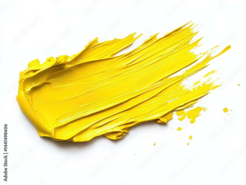 Vivid yellow paint stroke on white background creating a dynamic artistic texture vibrant color abstract design bright studio shot paint application