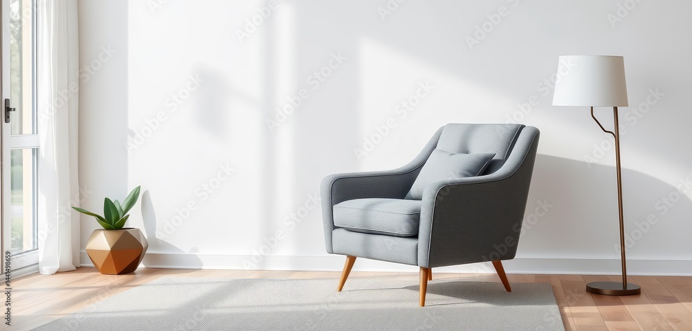 Fototapeta premium Grey fabric armchair in modern living room with floor lamp, home, home staging